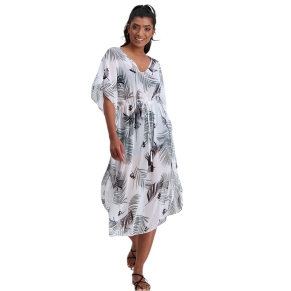 Ladies Palm Leaf Tropical Print Kaftan White Green Size XL LIKE NEW Cover-Up - Picture 5 of 9